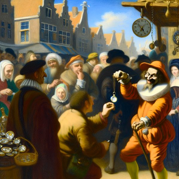 Nep-Rolex verkoop op historische markt: klassieke oplichting in schilderstijl van Frans Hals 17e-eeuwse marktscène waarin een sluwe straatverkoper een nep-Rolex verkoopt aan een argeloze toerist, geïnspireerd op de stijl van Frans Hals