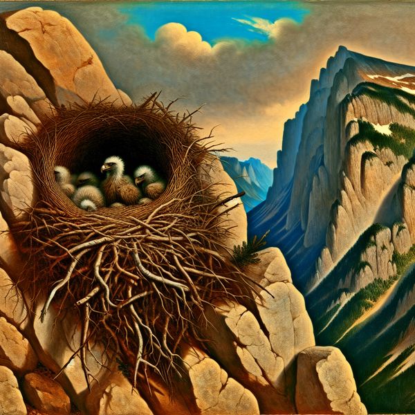 Nest van een arend op een bergklip Een hooggelegen nest van een arend op een ruwe bergklip met jongen die nieuwsgierig naar boven kijken.