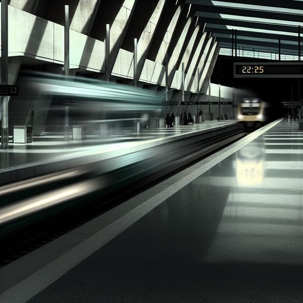 Hyperrealistisch surrealistisch treinstation met vertrekkende trein en lege perron, moment net voorbij