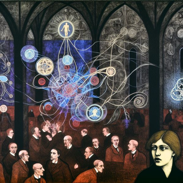 Netwerken in een mysterieuze conferentiehal Een vrouw met een intrigerende uitdrukking in een mysterieuze, sfeervolle conferentiehal, omgeven door mensen die animated discussies voeren.