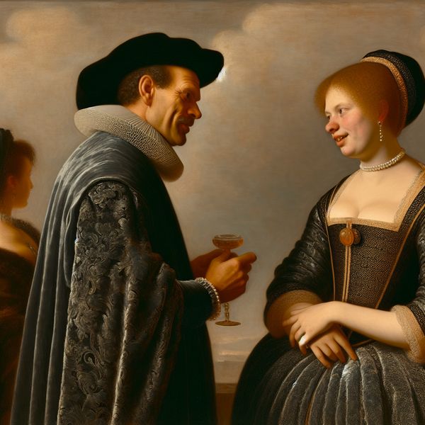 Vriendschappelijke Conversatie op Netwerkevenement Twee personen op een netwerkevenement in een verfijnde setting voeren een vriendelijke conversatie.