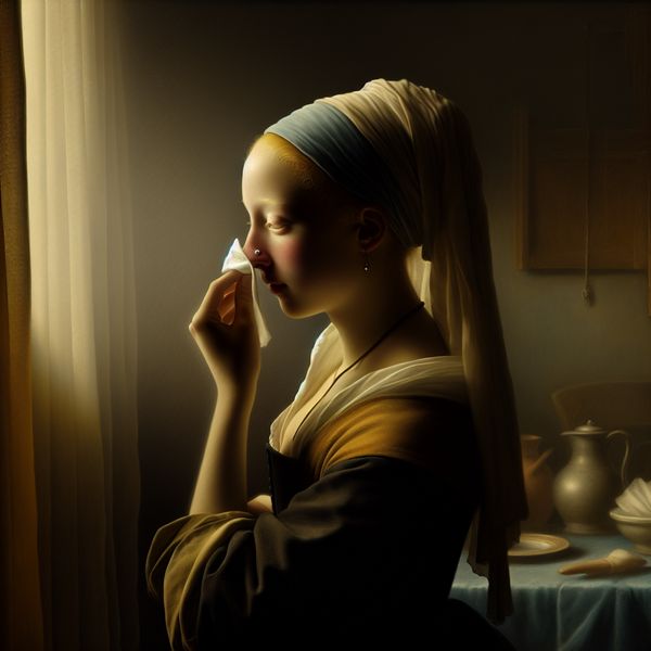 Neus snuiten en ruiken: gezichtsdeel voor ademhaling en reuk in Vermeer-achtige setting Jonge vrouw snuit zachtjes haar neus bij het raam in een rustige Vermeer-stijl schilderij met natuurlijk licht