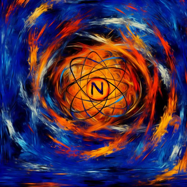 Neutron in atoomstructuur: abstracte weergave voor natuurkunde en scheikunde Abstract expressionistische illustratie van een atoomkern met duidelijk gemarkeerde neutronen, aangeduid met de letter 'n'