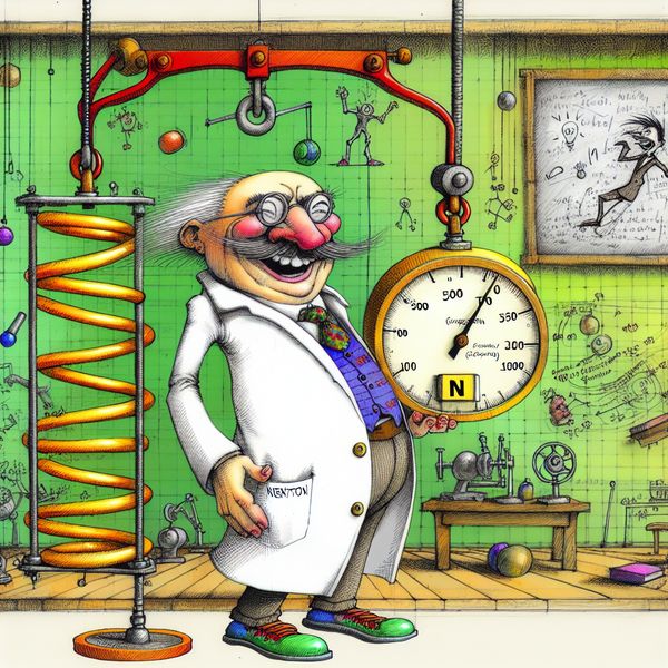 Newton eenheid uitleg: 500 N meten in speelse natuurkunde cartoon Grappige cartoonfysicus in labjas meet 500 newton met een overdreven veerunster in een speelse natuurkundeles