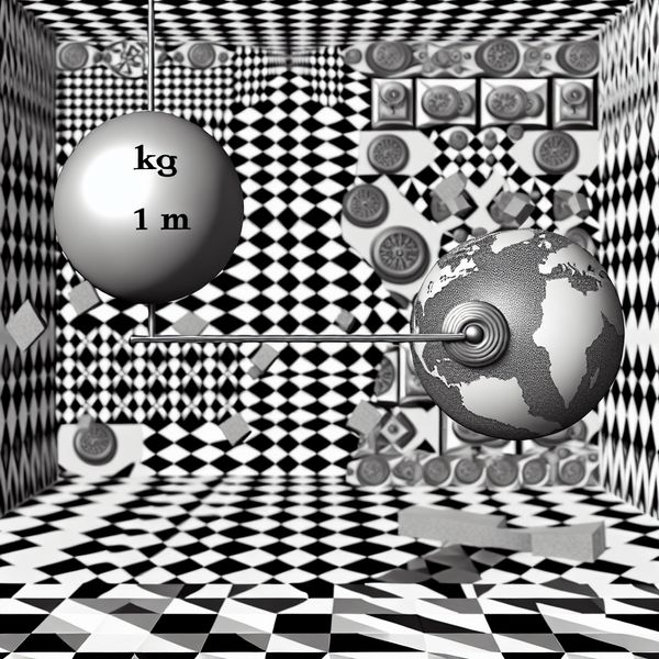 Newton eenheid kracht SI-stelsel - surrealistische Escher-illustratie met massa en zwaartekracht Surrealistische illustratie van 1 kg massa met krachtvector van 9,81 newton naar geometrische aarde, in stijl van M.C. Escher