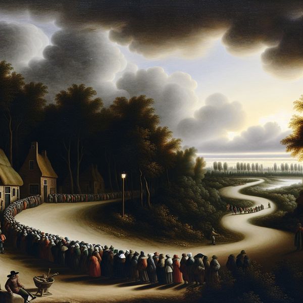 17e-eeuws Nederlands landschap met een lange rij van minstens vijftig mensen voor een winkeltje, illustratie van 'niet minder dan' een bepaalde hoeveelheid