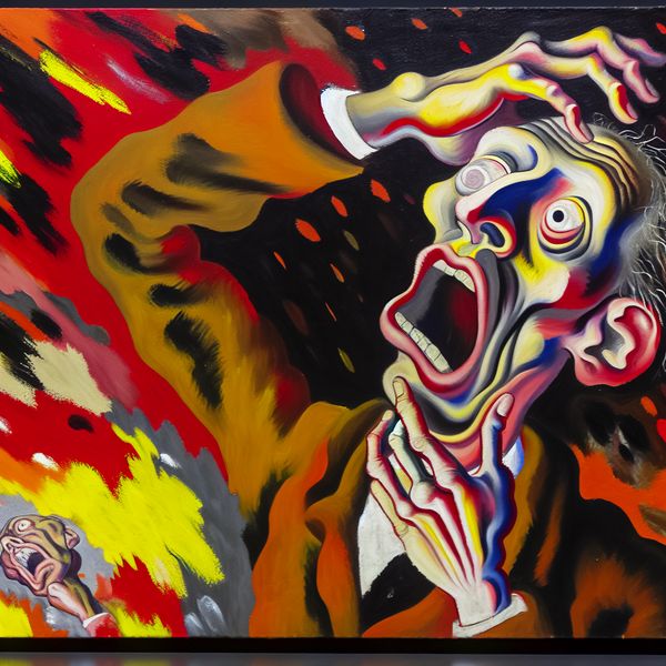 Schokkende absurditeit in abstract expressionisme - niet te geloven kunstwerk Abstract expressionistisch schilderij van een geschokte figuur met verwrongen gezicht en chaotische achtergrond in felle kleuren, uitdrukking van ongeloof en absurditeit