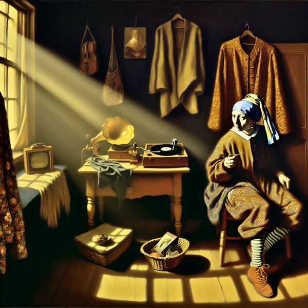 Niet-traditionele levensstijl in Vermeer-achtige setting met indie muziek en vintage sfeer Kalm persoon in niet-traditionele kleding in een gezellige kamer met vintage platenspeler en handgemaakte decoratie, Vermeer-stijl