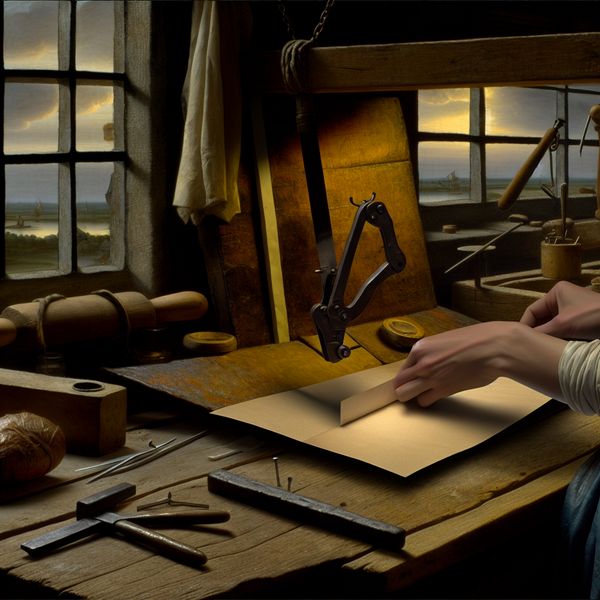 Nietmachine gebruiken om papier vast te maken - Nederlandse taal leren Handen gebruiken een nietmachine om twee vellen papier aan elkaar vast te maken op een houten werkbank in een ambachtelijke werkplaats met natuurlijk licht