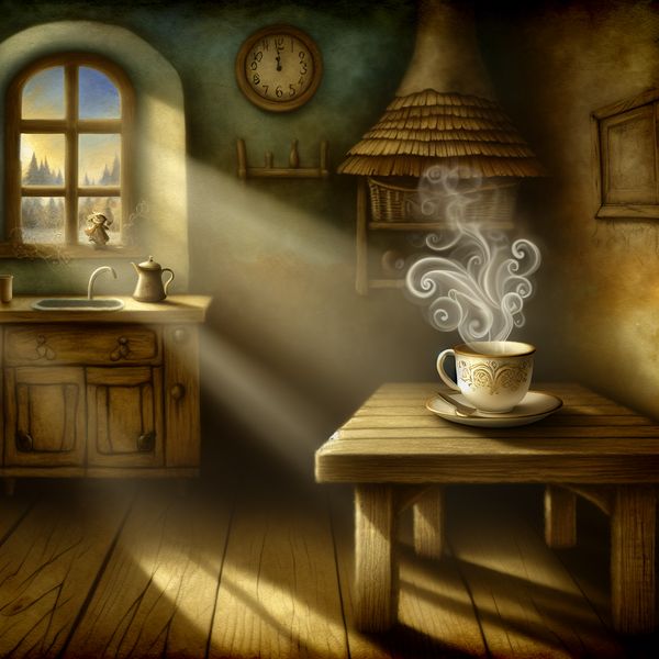 Knusse oude keuken met dampende kop koffie op houten tafel, nostalgische sfeer met mistig landschap buiten het raam en klok aan de muur