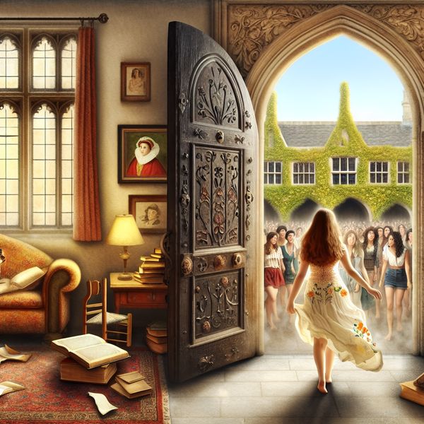 Nieuwe ervaringen ontdekken: overgang naar een wereld vol mogelijkheden Jonge vrouw stapt door een oude houten deur een levendige universiteitsbinnenplaats op, symboliserend voor nieuwe ervaringen en persoonlijke groei