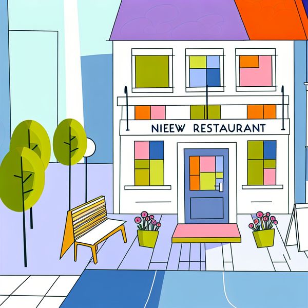 Nieuw Restaurant Illustratie - Kinderlijke Minimalistische Stijl Minimalistische illustratie van een nieuw restaurant op een straatcorner, met een vrolijke facade en opvallend herkenbare elementen.