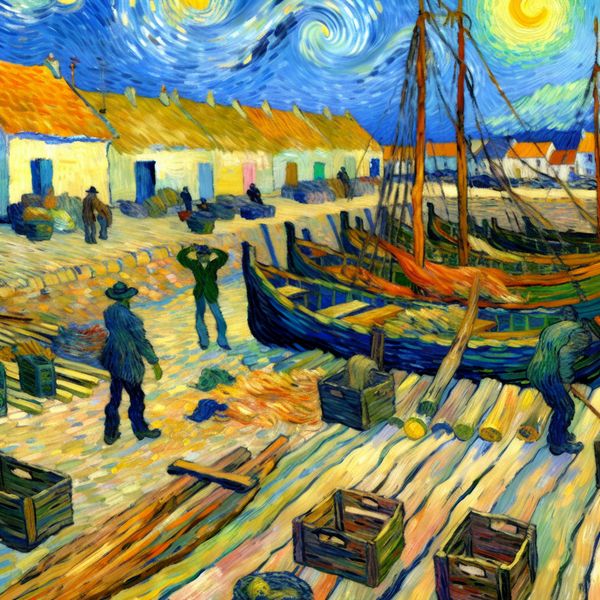 Een nieuw gebouwde vissershaven met vissers die hun boten organiseren op de pier, kleurrijke marktkramen op de achtergrond en een levendige blauwe en oranje lucht.