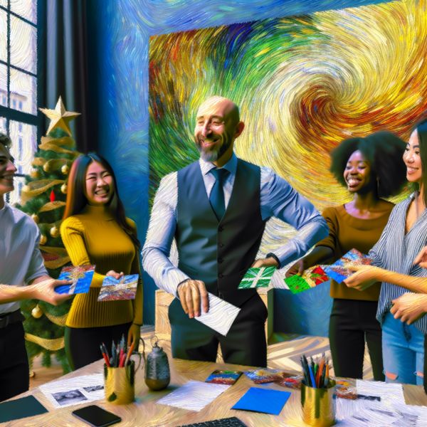 Nieuwjaar Wensen Overhandigen op Kantoor Een directeur overhandigt nieuwjaarswensen aan een diverse groep werknemers in een feestelijk kantoor.