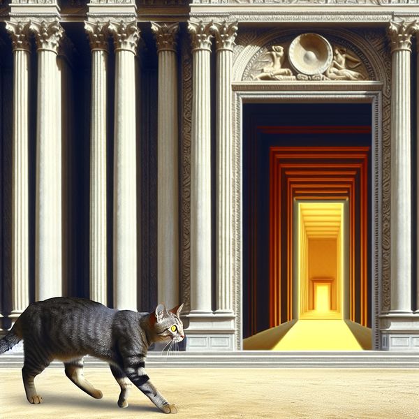 Nieuwsgierige Kat in Neoklassiek Gebouw Een nieuwsgierige kat loopt door een open deur van een neoklassiek gebouw.