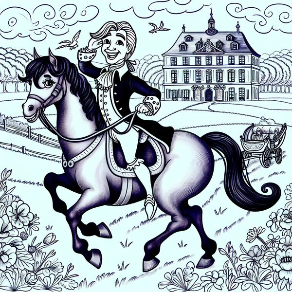 Nobel avontuur in het Franse landschap Een jonge nobelman in 18e-eeuwse kleding rijdt op een paard door een schilderachtig Frans landschap met bloemen en een château op de achtergrond.