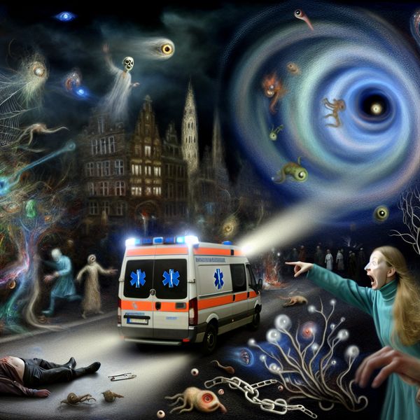 Surrealistisch nachttafereel van een chaotische straat met een noodoproep, waar een etherische ambulance verschijnt uit een wervelende vortex van fantastische wezens en symbolische elementen, geïnspireerd op Hieronymus Bosch