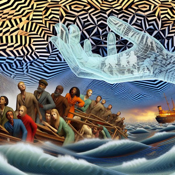 Surrealistische illustratie van een noodsituatie op zee met schipbreukelingen die hulp nodig hebben, een transparante reddende hand en een vuurtoren in de stijl van M.C. Escher
