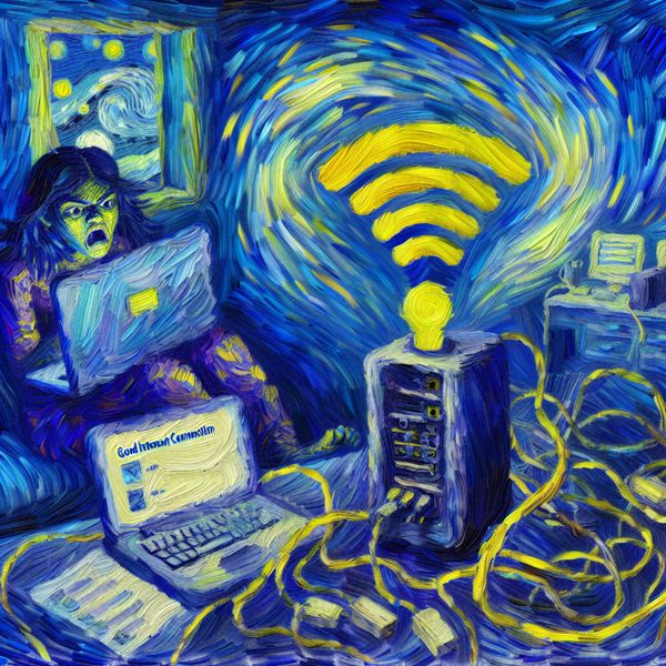 Noodzakelijkheid van goede internetverbinding voor thuiswerken - Van Gogh-stijl illustratie Digitale schilderij in Van Gogh-stijl van een chaotisch thuiskantoor met een persoon die gefrustreerd is door een slechte internetverbinding, met een checklist waarop 'goede internetverbinding' als noodzakelijkheid is aangekruist
