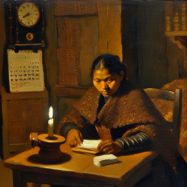 Gedetailleerde schilderij in Rembrandt-stijl van een persoon in gedachten verzonken bij kaarslicht, symboliserend het concept 'nooit' met een ongeopende brief of stilstaande klok