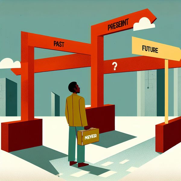 Nooit in verleden, heden of toekomst - Taalillustratie Nederlands leren Illustratie van een persoon bij een kruispunt met paden voor verleden, heden en toekomst, elk geblokkeerd door een rood kruis, symboliserend 'nooit' in elke tijd
