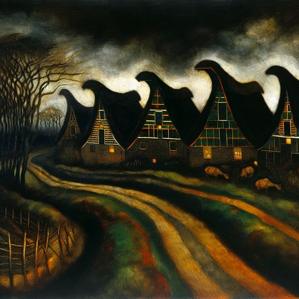 Donker Noord-Hollandse landschap met stolpboerderijen Een typisch Noord-Holland landschap met traditionele stolpboerderijen langs een kronkelige weg te midden van een mysterieuze, donkere sfeer.