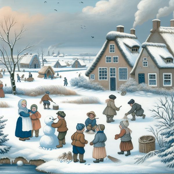 Sfeervolle winterscène van het noorden van Nederland met sneeuw bedekte huizen en kinderen die een sneeuwpop maken.