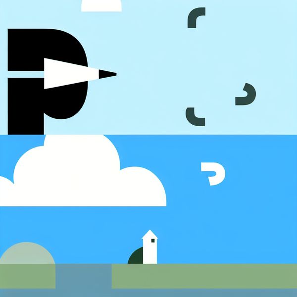 Noord windrichting afkorting N - educatieve illustratie voor taal en geografie Minimalistische illustratie van de letter 'N' voor noord, met blauwe lucht, witte wolk, rivier en stadje in Dick Bruna-stijl