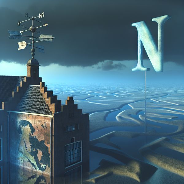 Noord als windrichting en geografische aanduiding in surrealistisch Nederlands landschap Surrealistisch Nederlands landschap met weerhaan die naar het noorden wijst, gemarkeerd met een grote letter 'N', en een subtiele kaart van Nederland met Amsterdam boven Rotterdam
