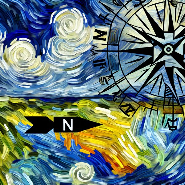 Noord als windrichting - Van Gogh geïnspireerde weerkaart met Amsterdam en Rotterdam Expressieve Van Gogh-stijl illustratie van een weerkaart met een grote 'N' voor noord, windvaan en steden Amsterdam en Rotterdam