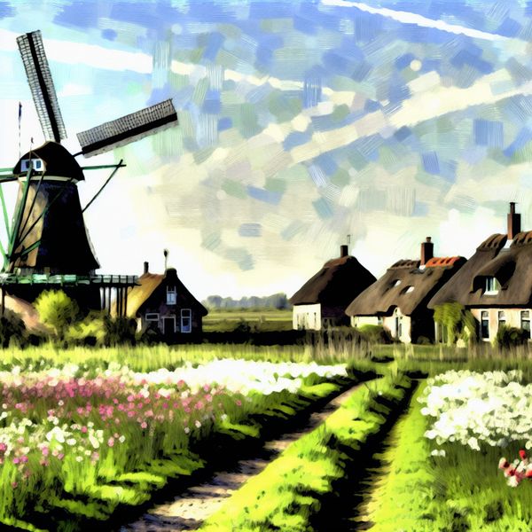 Idyllisch Platteland van Nederland met Windmolen en Dorp Een schilderachtig landschap met een windmolen in een dorp, omgeven door groene velden en wilde bloemen.