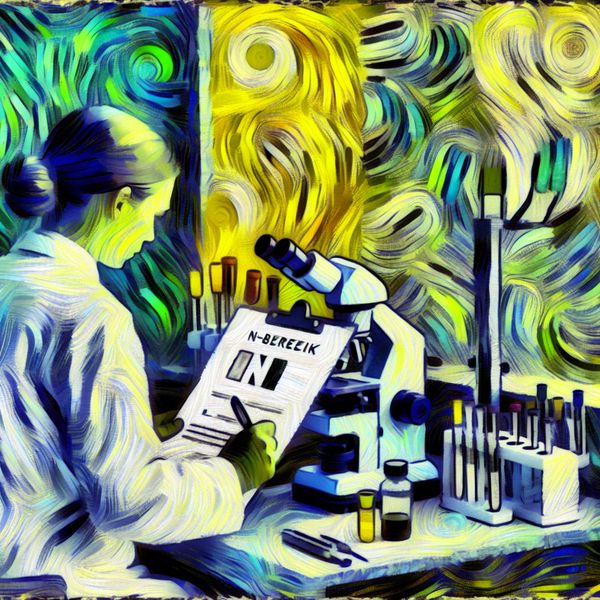 Normaalwaarden bloedtest in medisch laboratorium - Van Gogh schilderstijl Wetenschapper in laboratorium onderzoekt bloedtestrapport met gemarkeerd N-bereik voor normaalwaarden in Van Gogh-stijl
