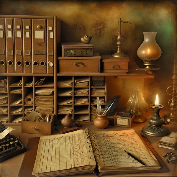 Nostalgisch bureau met boekhouding en administratie in vintage stijl Vintage kantoorbureau met stapels papieren, grootboek, inktpot, ganzenveer en rekenmachine in nostalgische Anton Pieck-stijl