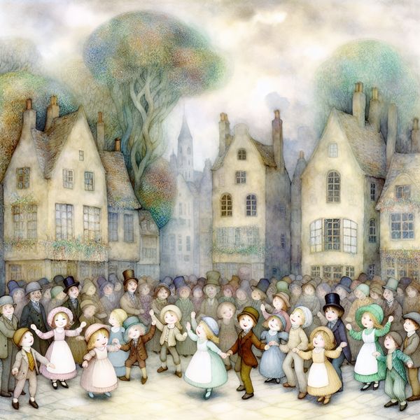 Nostalgische dorpsplein met zingende kinderen Kinderen in een nostalgisch dorpsplein lachen en zwaaien met hun handen terwijl ze zingen in een sprookjesachtige setting.
