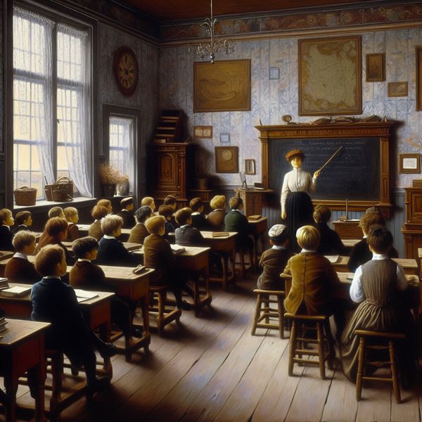 Nostalgische klaslokaaltafereel met leraar en leerlingen Een leraar voor een krijtbord in een vroege 20e-eeuwse klas, geïnspireerd door Anton Pieck