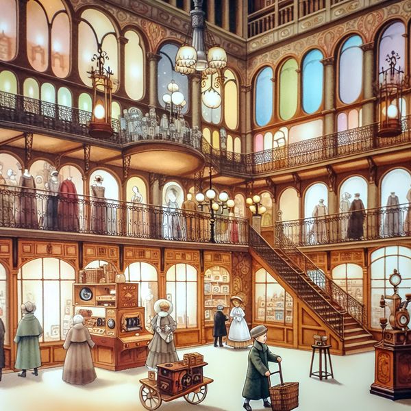 Sfeervol warenhuis in nostalgische stijl met meerdere afdelingen zoals kleding, elektronica en speelgoed, vol met winkelende mensen
