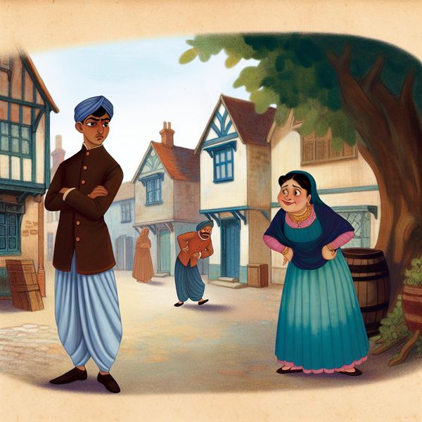 Nostalgische illustratie van een gesprek in vintage stijl Een nostalgische illustratie van twee personages in een vintage setting die met elkaar praten. Eén personage kijkt gefrustreerd terwijl het andere met een ondeugende glimlach tegen een boom leunt.