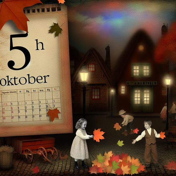 Herfst Nostalgie: Atelier van Anton Pieck met 5 Oktober Een vintage kalenderpagina die '5 oktober' toont, omringd door herfstbladeren en een schattige straat met lampen op de achtergrond.