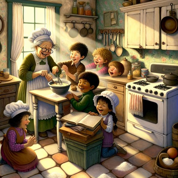 Nostalgische keuken met een oudere vrouw en kinderen die samen een cake bakken Een blije, oudere vrouw leert kinderen hoe ze samen een eenvoudige cake kunnen bakken in een nostalgische keuken.
