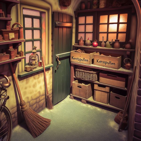 Knusse opslagruimte onder een Nederlands flatgebouw met fiets, kerstspullen en huishoudelijke voorwerpen in nostalgische Anton Pieck-stijl