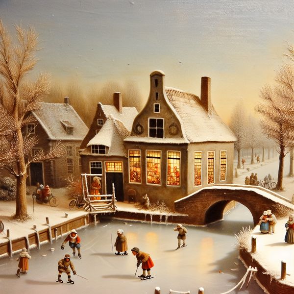 Nostalgische sfeer in wintertafereel: Hollands bevroren kanaal met warm huis 17e-eeuws Hollands wintertafereel met een nostalgisch huis aan een bevroren kanaal, warme lichtstralen uit ramen en schaatsende figuren in historische kleding