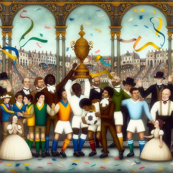 Vrolijke viering van een sportoverwinning met voetballers die een grote trofee omhooghouden in een nostalgische, sprookjesachtige stadionomgeving