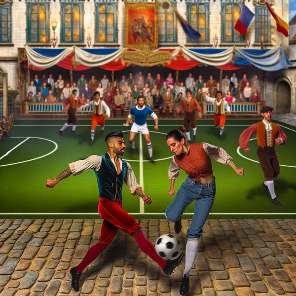 Vintage voetbalwedstrijd met twee teams in nostalgische sportkleding, spelers in actie om de bal te trappen op een charmant oud voetbalveld
