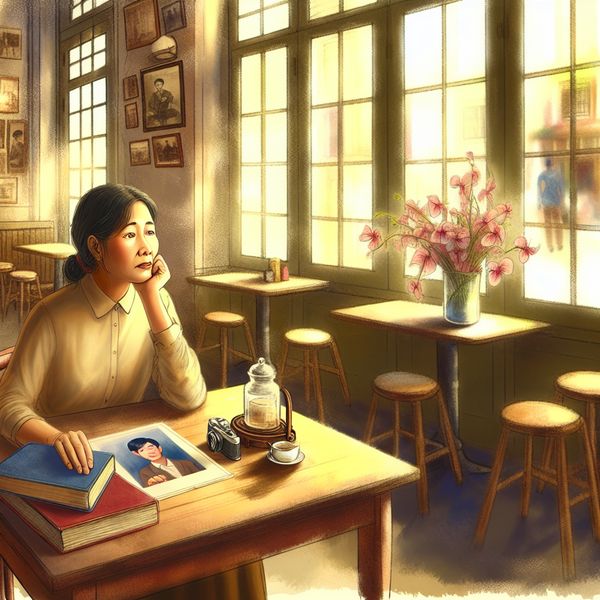 Nostalgische moeder met oude foto in café Een vrouw zit alleen aan een cafétafel en kijkt naar een oude foto, die haar verlangen naar verloren liefde en jeugd uitdrukt.
