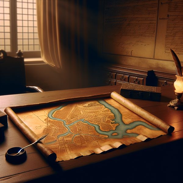 Notariskantoor en historische kaart met landverdelingen Notariskantoor met een grote houten tafel vol officiële documenten en een oude kaart