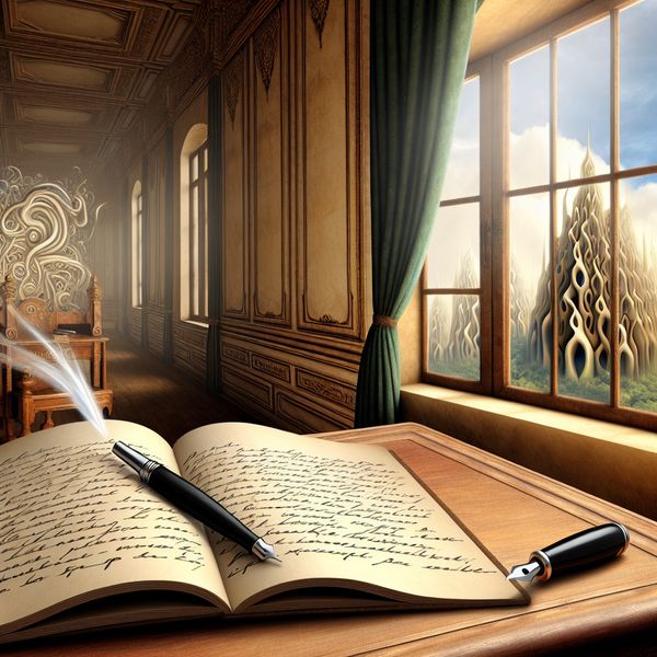 Een grote, open notitieboek op een elegante houten bureau, met handgeschreven zinnen en een vulpen erbij, met een surrealistisch landschap op de achtergrond.