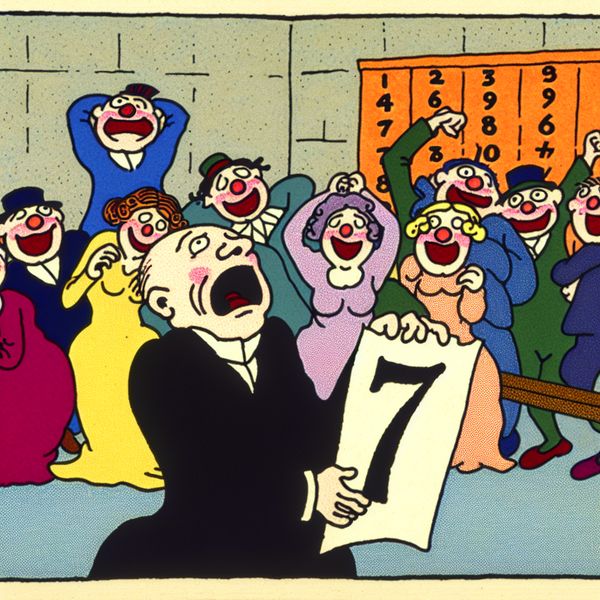 Een vrolijke cartoonillustratie van een karakter met een kleurrijk loterijticket met het nummer 7 en een lijst op de achtergrond met enthousiaste personages die naar cijfers kijken.