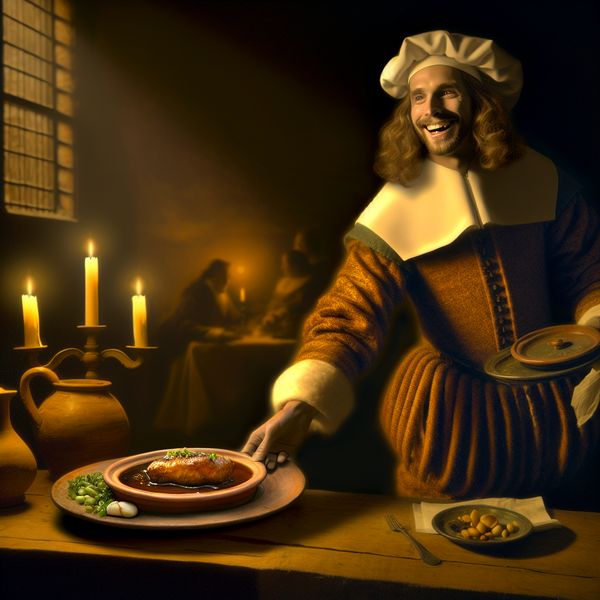 Ober bedient hoofdgerecht in historische Nederlandse restaurant setting Ober in 17e-eeuws Nederlands restaurant serveert hoofdgerecht met warme glimlach onder dramatische chiaroscuro belichting
