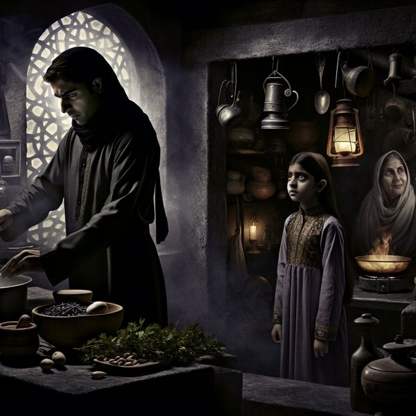Observeren en leren in een gotische keuken Jong meisje observeert haar moeder in een gotische keuken terwijl ze een maaltijd bereidt.