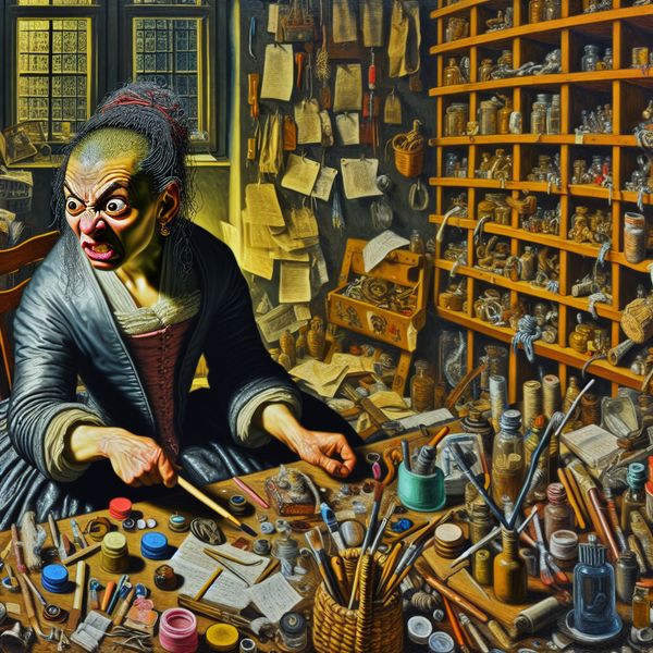 Obsessie en perfectionisme: kunstwerk in stijl van Frans Hals Vrouw met obsessieve blik omringd door geordende papieren en voorwerpen aan een rommelig bureau, illustratie van ongezonde voorliefde of obsessie